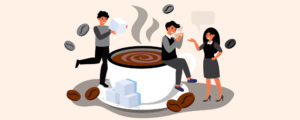 3 person near a giant cup of coffee adding sugar cubes